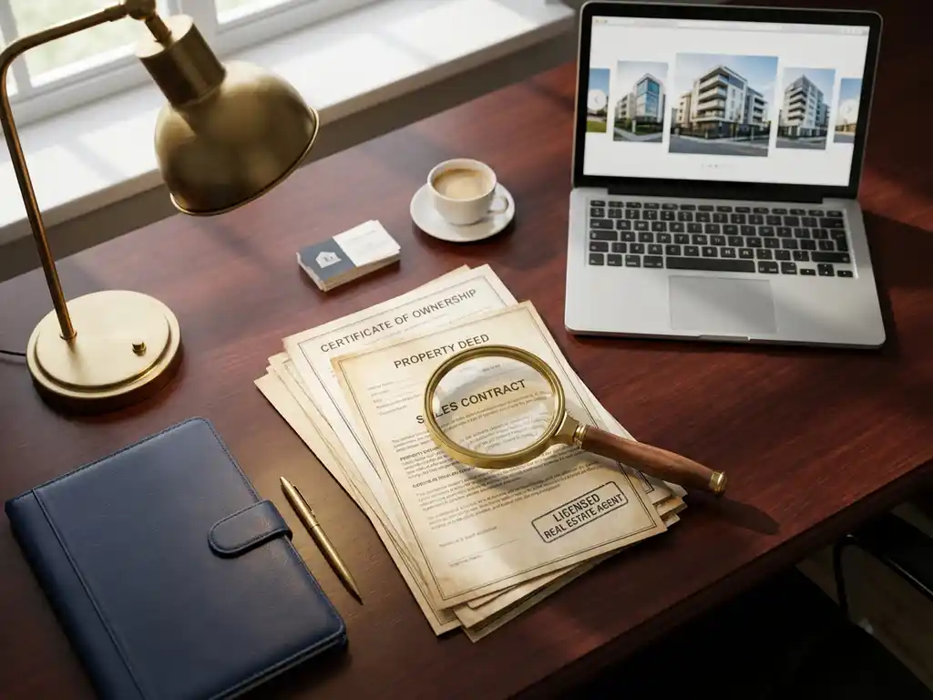 Vastgoedmakelaar bureau van bovenaf met vergrootglas op certificeringsdocumenten, laptop met gebouwfoto's en mahoniehout oppervlak