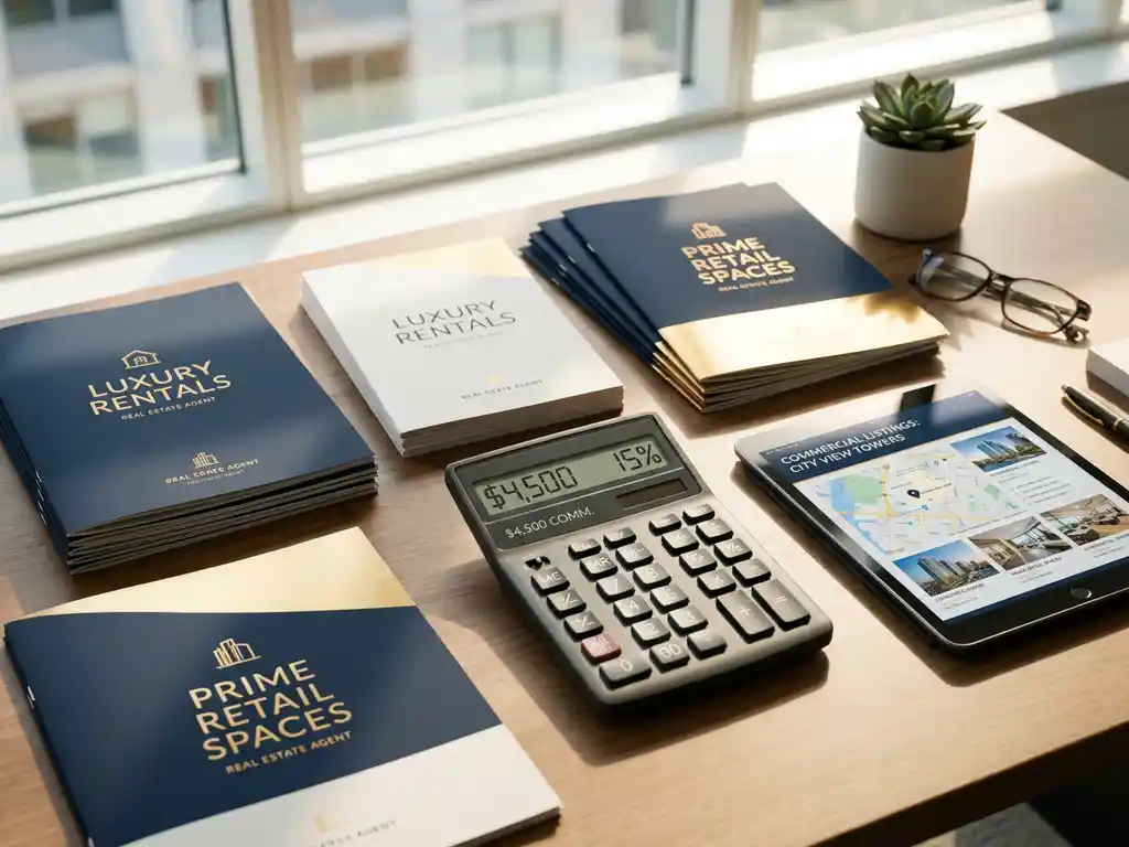 Professionele makelaar bureau met calculator, vastgoedbrochures en tablet met commerciële panden, warme natuurlijke verlichting