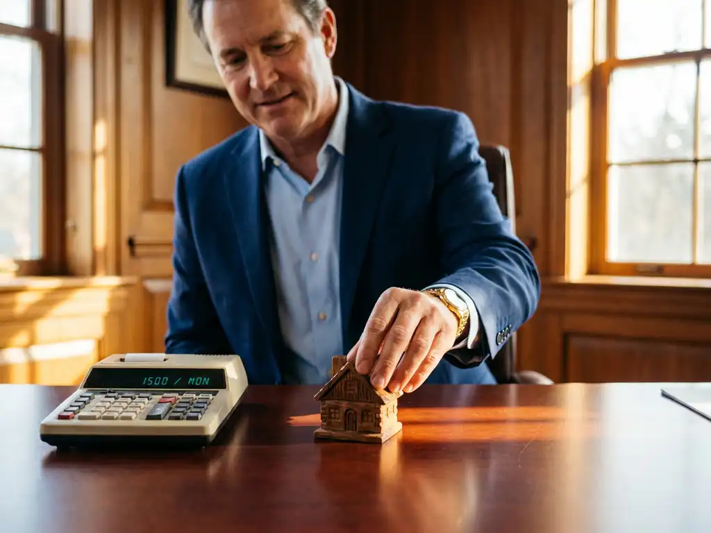 Vastgoedmakelaar in marineblauw pak plaatst houten huismodel op mahonie bureau naast rekenmachine met huurcijfers