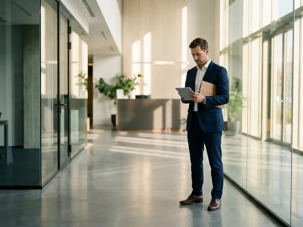 Professionele makelaar in marineblauw pak met tablet en klembord in moderne kantoorlobby met glazen wanden en betonnen vloeren