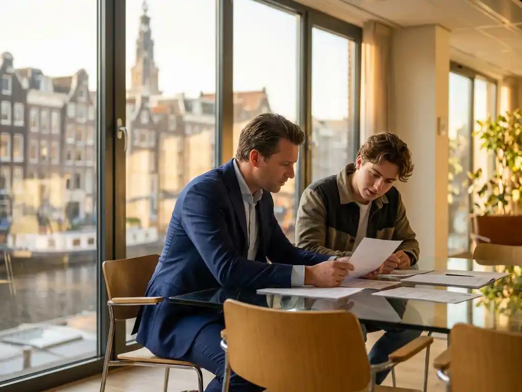 Vastgoedmakelaar in marineblauw pak bespreekt huurcontract met student aan glazen tafel in modern kantoor met Amsterdam skyline