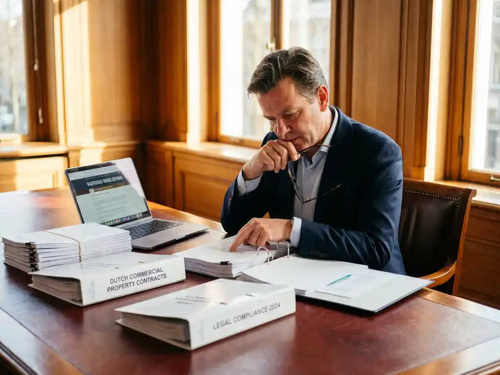 Vastgoedmakelaar in marineblauw pak bestudeert juridische documenten en compliance mappen op mahonie bureau met laptop