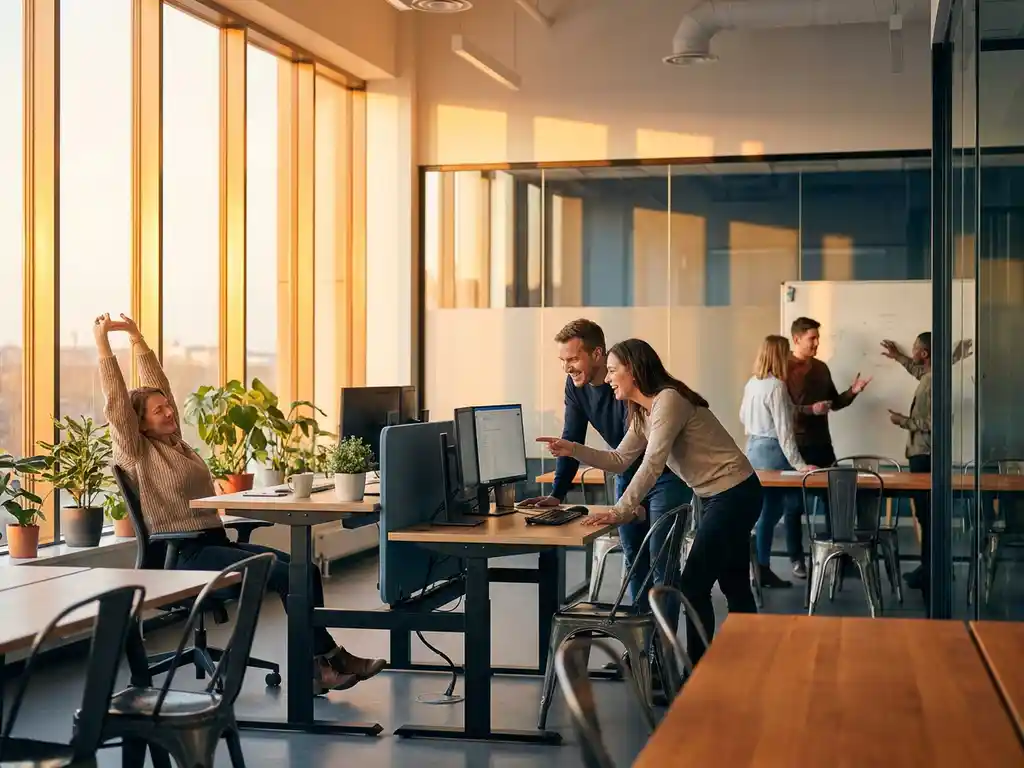 Moderne open kantoorruimte met medewerkers die samenwerken bij ergonomische werkstations, natuurlijk licht door grote ramen, groene planten