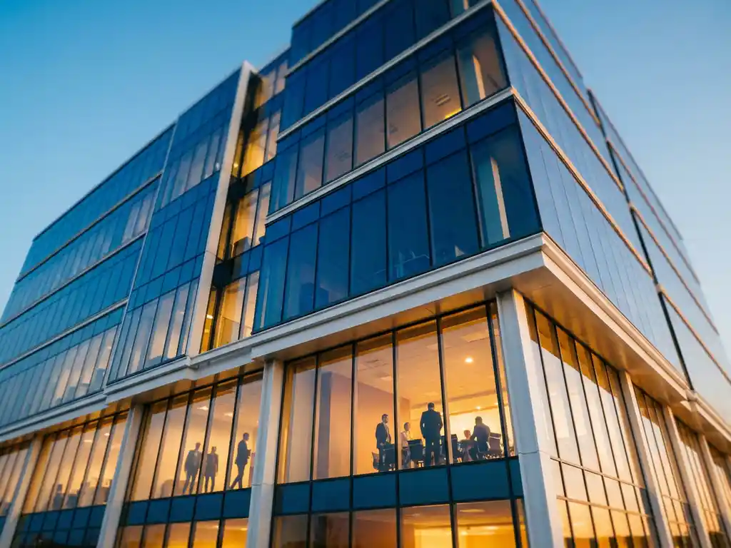 Modern glazen kantoorgebouw met gouden zonlicht door vloerhoge ramen, professionals zichtbaar binnen, opgenomen vanuit lage hoek tegen blauwe hemel.