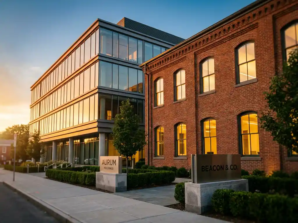 Modern glass office building and traditional brick building side by side during golden hour with manicured landscaping