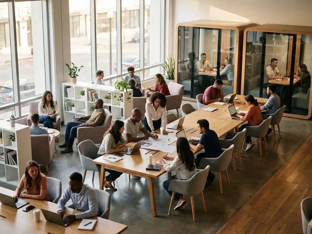 Modern open office with employees collaborating at shared desks and working in glass meeting pods, natural sunlight streaming through large windows illuminating contemporary workspace with wood accents.