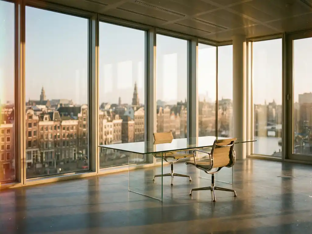 Modern conference room with glass table and two chairs facing Amsterdam skyline through floor-to-ceiling windows