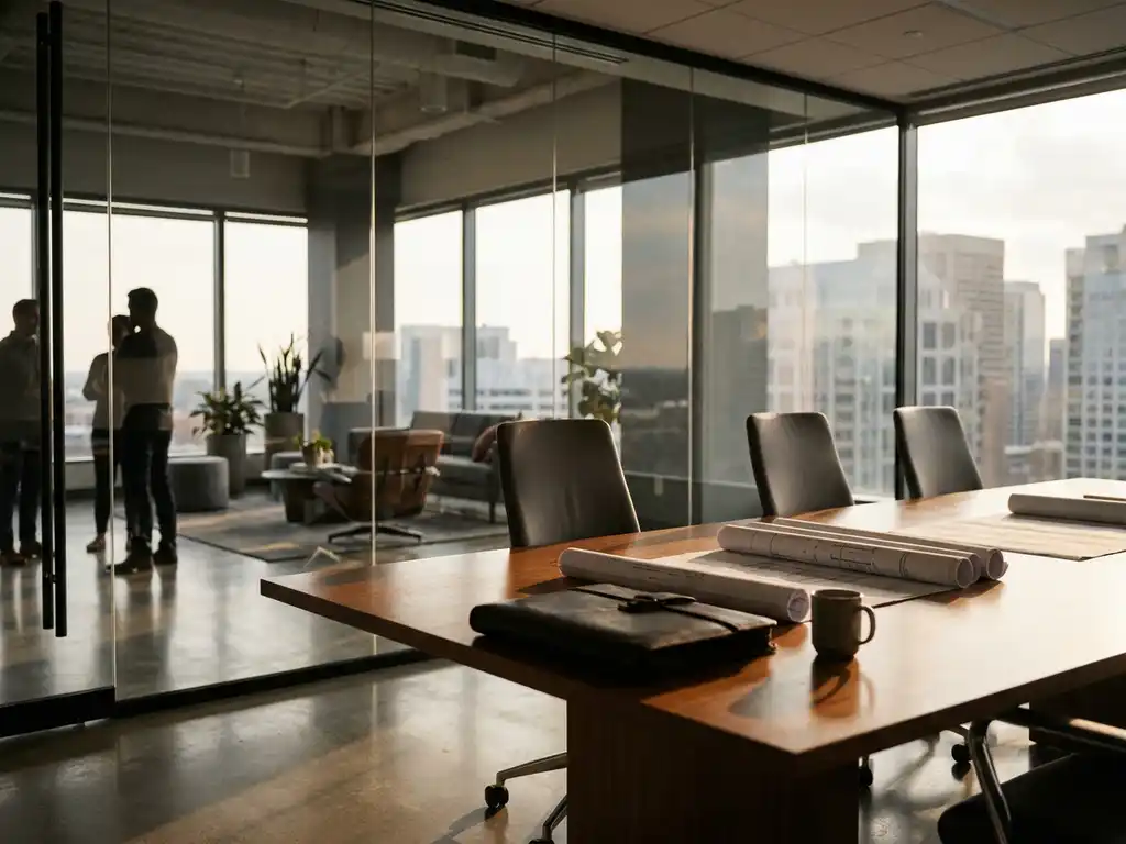 Modern glass-walled conference room with wooden table displaying architectural plans and leather portfolio, natural daylight streaming through floor-to-ceiling windows