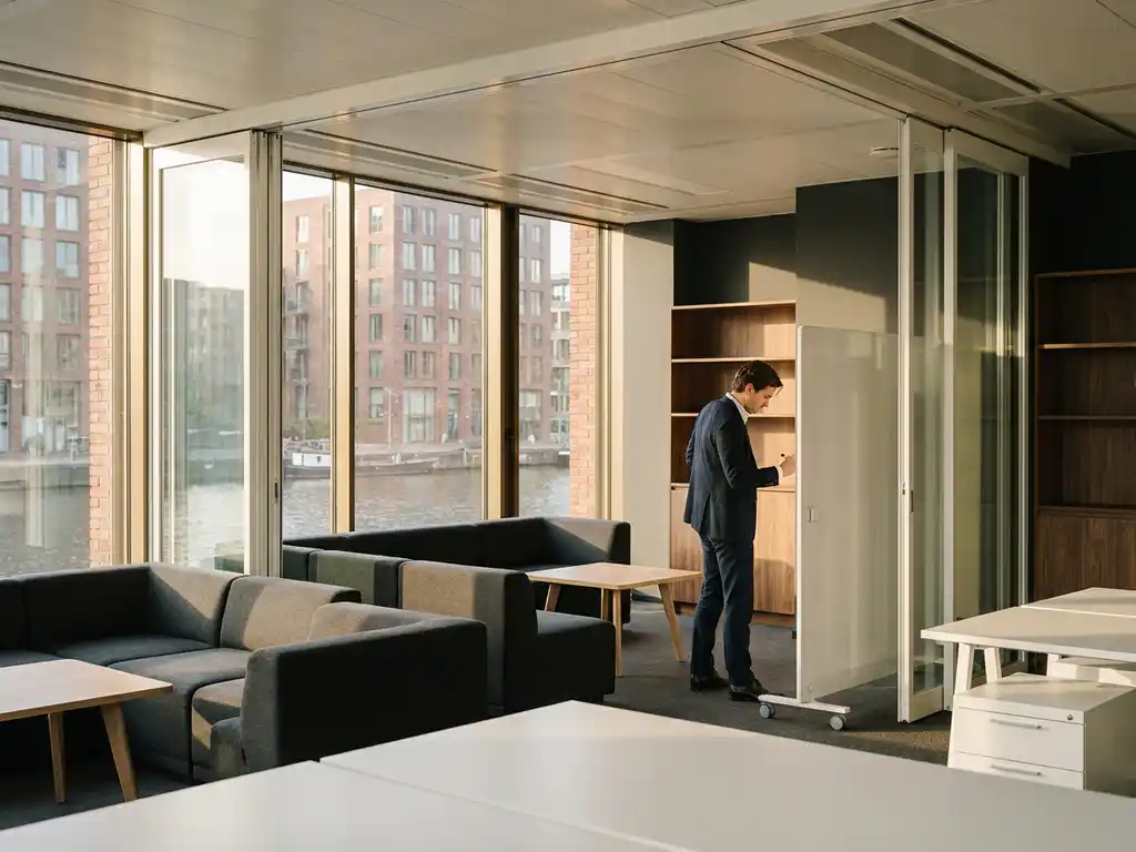 Professional adjusting rolling whiteboard in modern office with moveable glass partitions and modular furniture arrangements