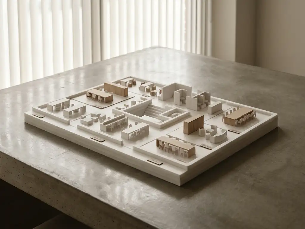 White architectural foam office floor plan model on concrete desk with miniature furniture showing workflow zones, natural light creating soft shadows