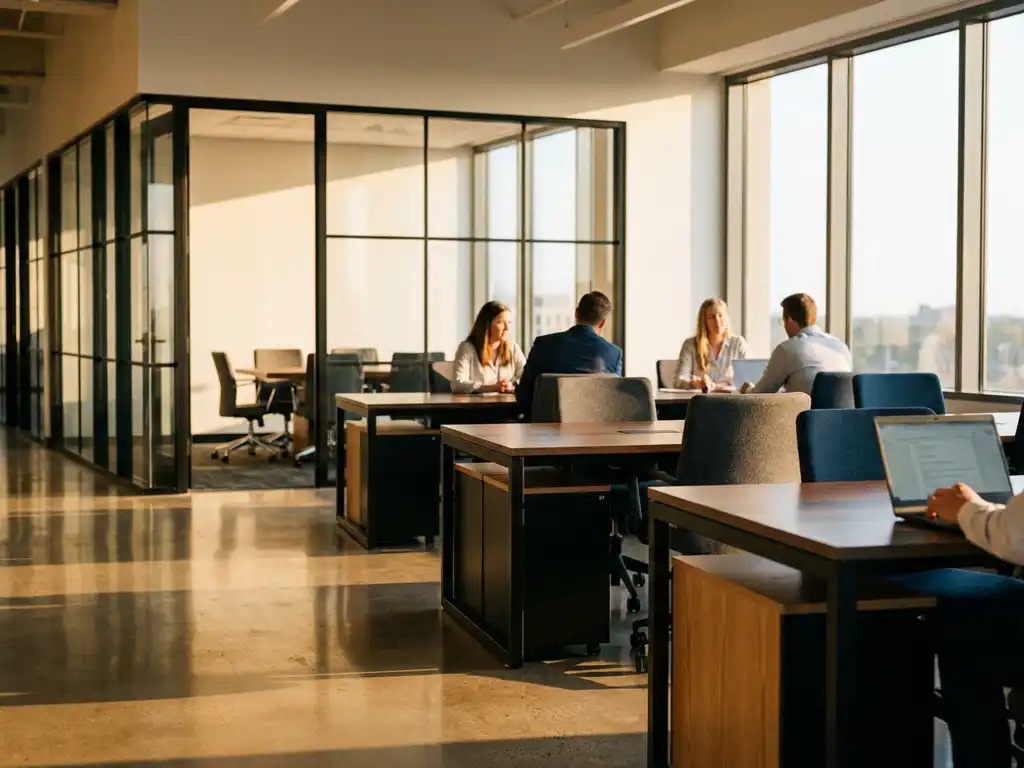 Modern office with glass conference rooms, polished concrete floors, and oak desks bathed in golden hour light