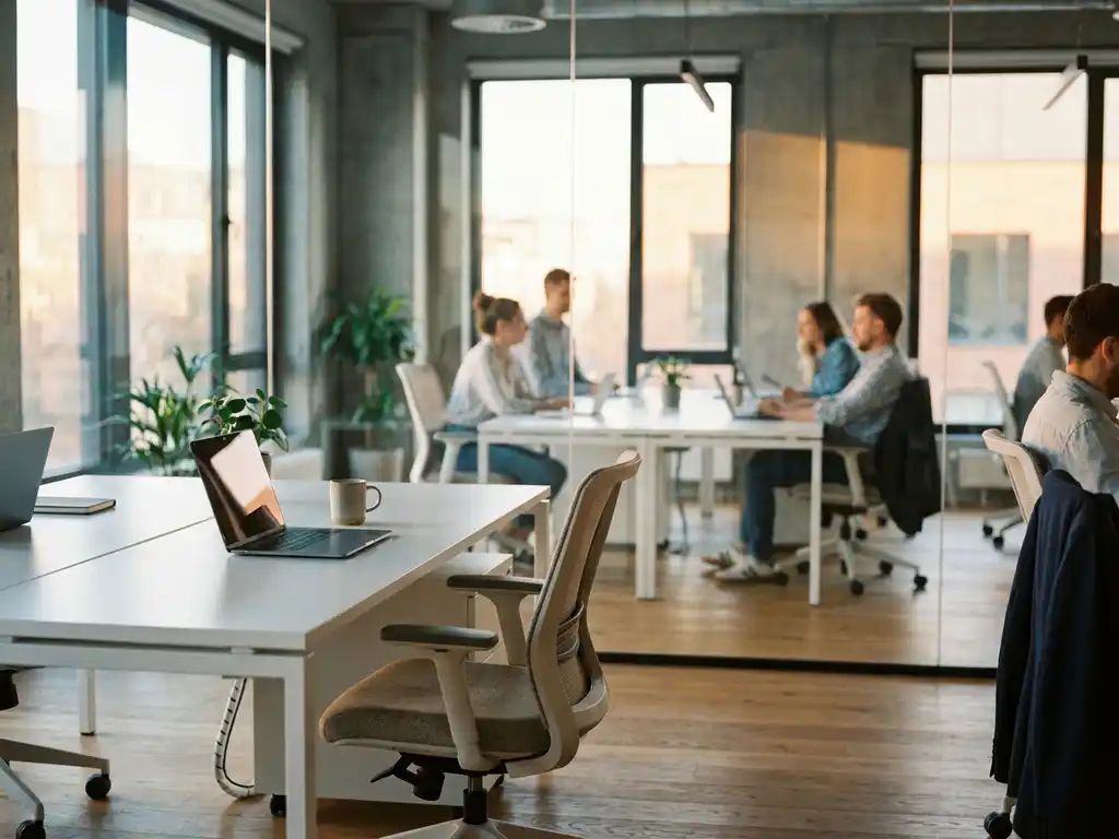 Modern open-plan office with glass partitions, white desks with laptops, contemporary chairs, and natural light from floor-to-ceiling windows.