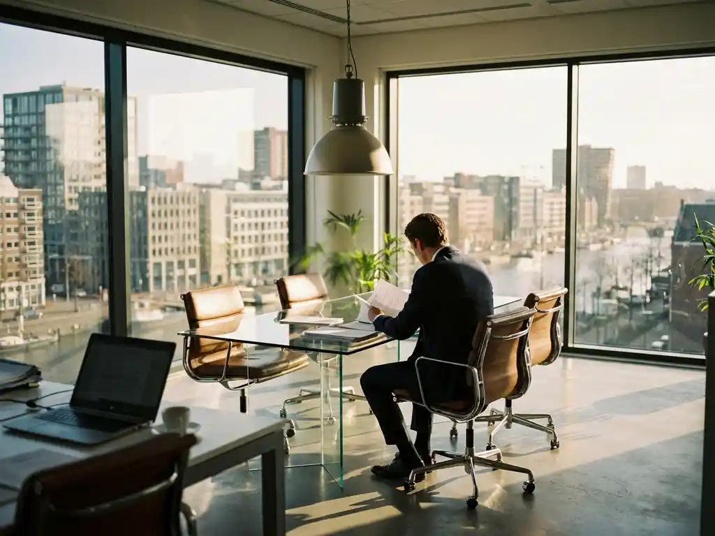 Professional in tailored suit reviewing documents at glass conference table in modern Amsterdam office with floor-to-ceiling windows and natural sunlight