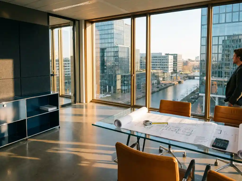 Modern office with floor-to-ceiling windows overlooking Amsterdam, glass desk with architectural plans, measuring tape and calculator in golden hour light.