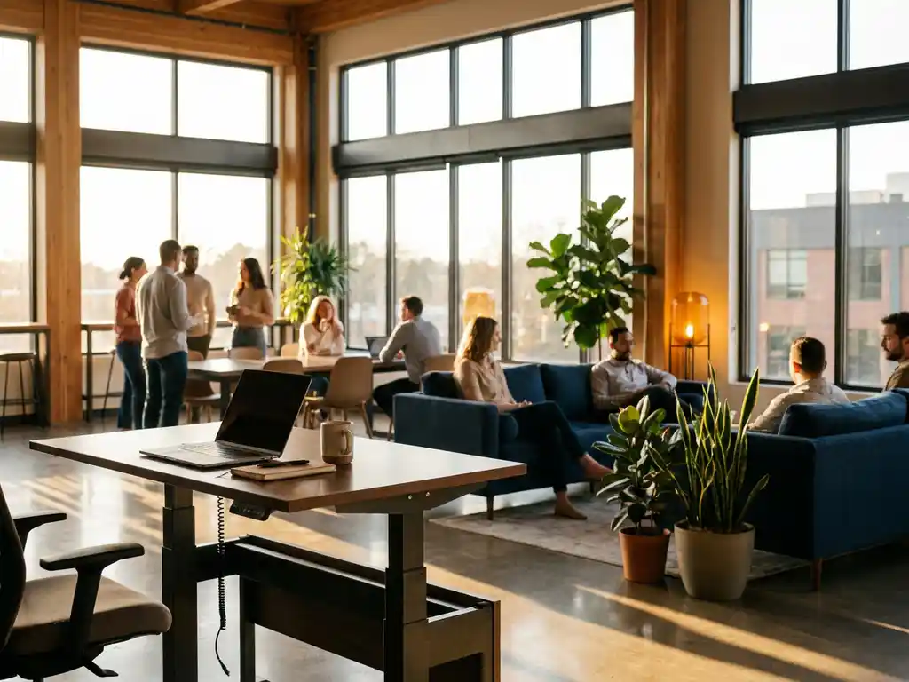 Moderne kantoorruimte met vloer-tot-plafond ramen, ergonomische werkstations en medewerkers die samenwerken in natuurlijk licht