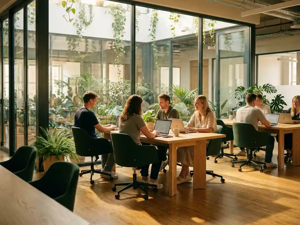 Moderne kantoorruimte met natuurlijk hout bureaus, planten en grote ramen met uitzicht op groene binnenplaats