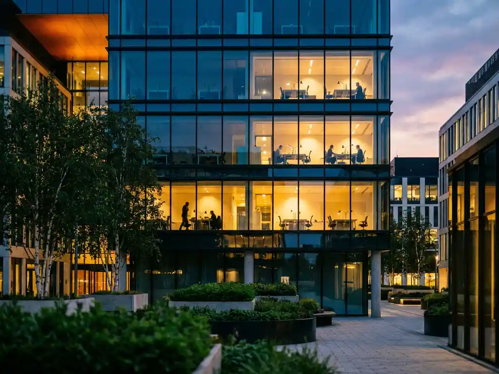 Modern kantoorgebouw met glazen gevel tijdens gouden uur, gedeeltelijk verlichte verdiepingen tonen selectieve bezetting