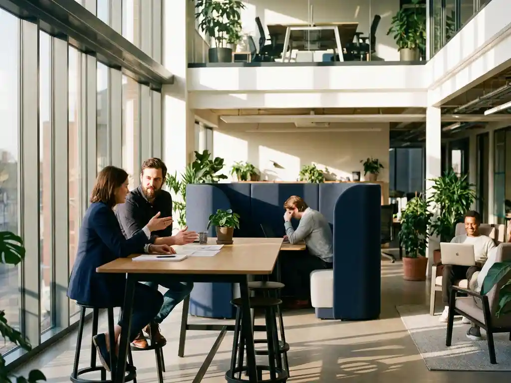 Diverse professionals werken in verschillende zones van een moderne open kantoorruimte met natuurlijk licht en warme houttinten