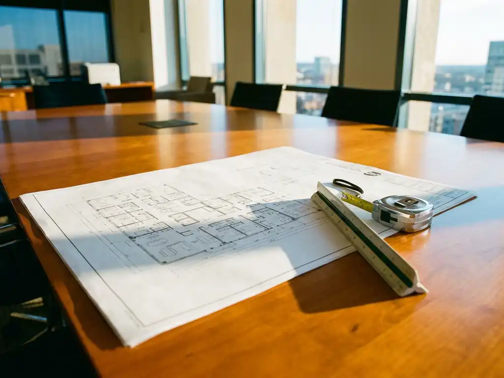Modern office floor plan with measuring tape and architect's scale ruler on polished wood conference table in natural daylight