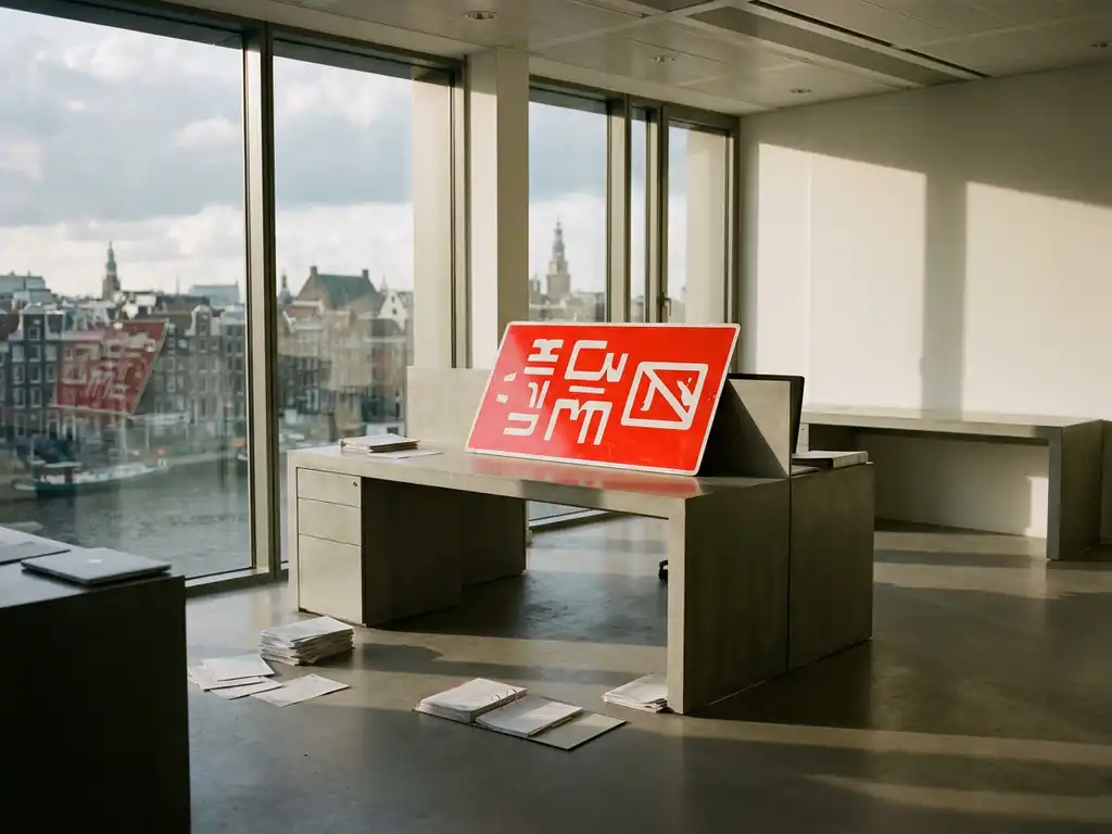 Modern office with red warning sign on empty desk, Amsterdam skyline visible through floor-to-ceiling windows, scattered papers and laptop suggesting hasty departure.