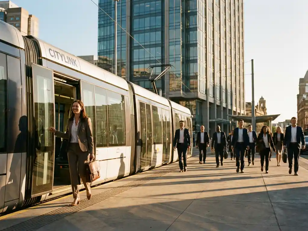 Vrolijke kantoormedewerker stapt uit moderne tram op druk station, met kantoorgebouw op achtergrond in ochtendlicht