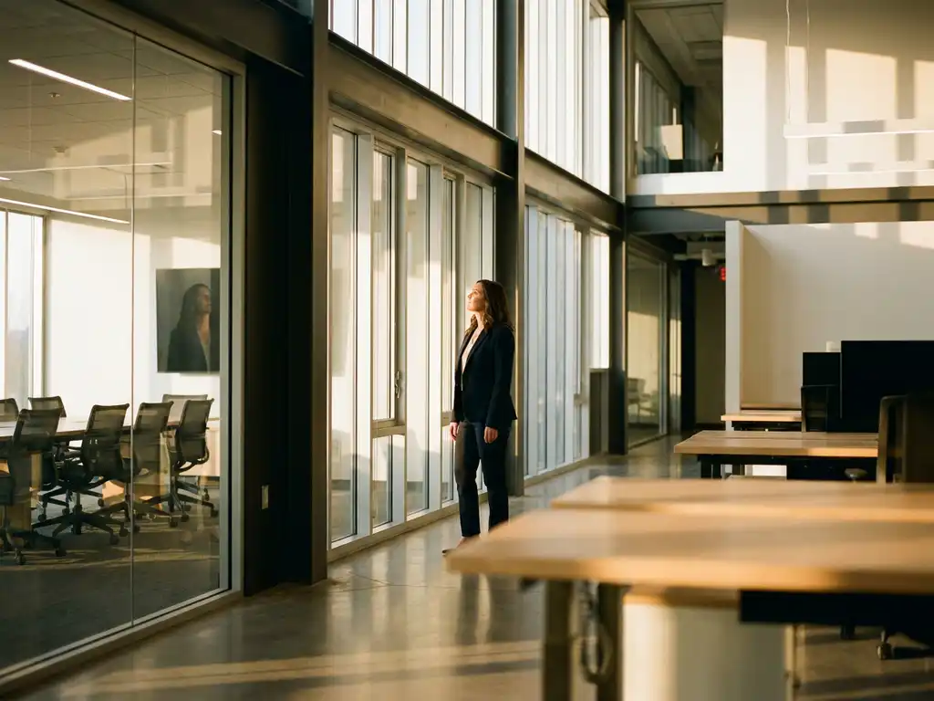 Professional woman in tailored blazer examining modern office space with floor-to-ceiling windows and open workspace layout