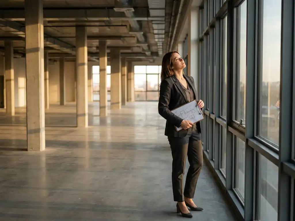 Professional woman in business attire holding clipboard while surveying empty modern office space with concrete columns and large windows during golden hour