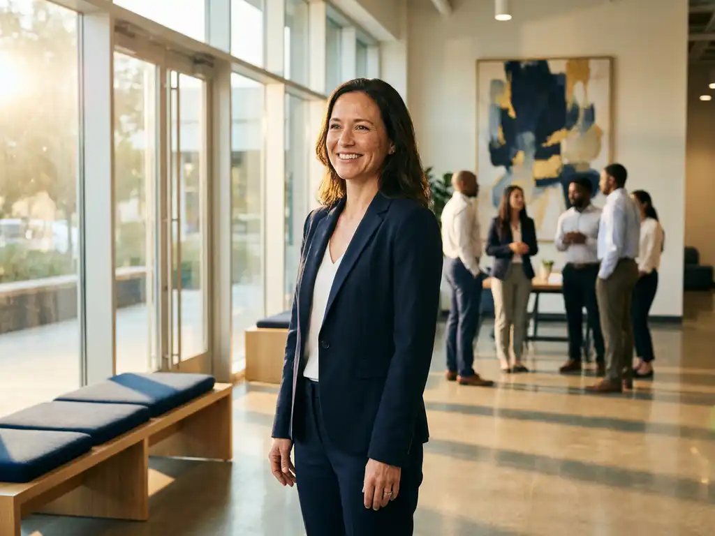 Professionele vrouw in marineblauw jasje staat zelfverzekerd in moderne kantoorlobby met grote ramen en natuurlijk licht
