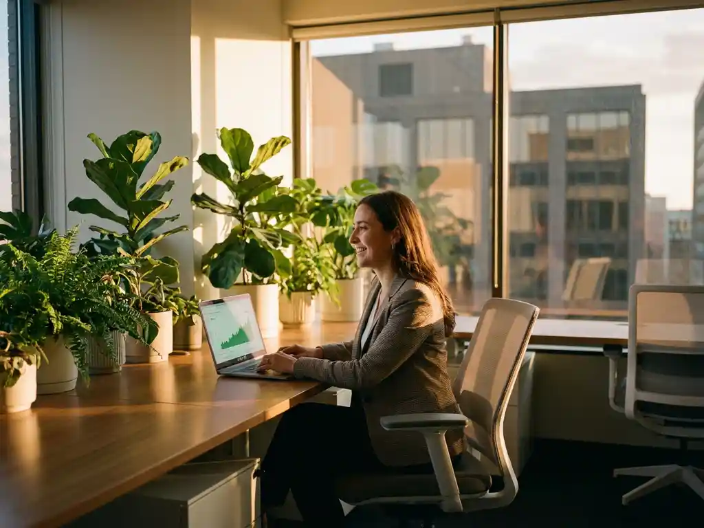 Glimlachende professionele vrouw aan moderne houten bureau bij raam met natuurlijk licht, groene planten en laptop