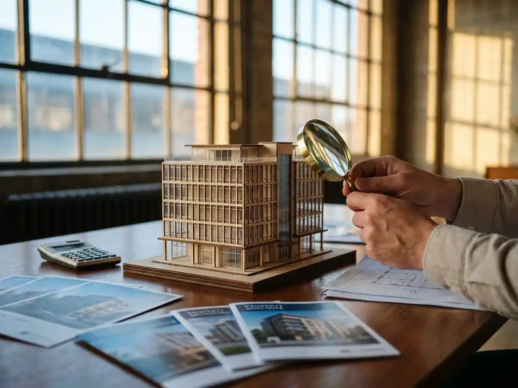 Person examining detailed office building model with magnifying glass on wooden desk surrounded by property brochures and calculator