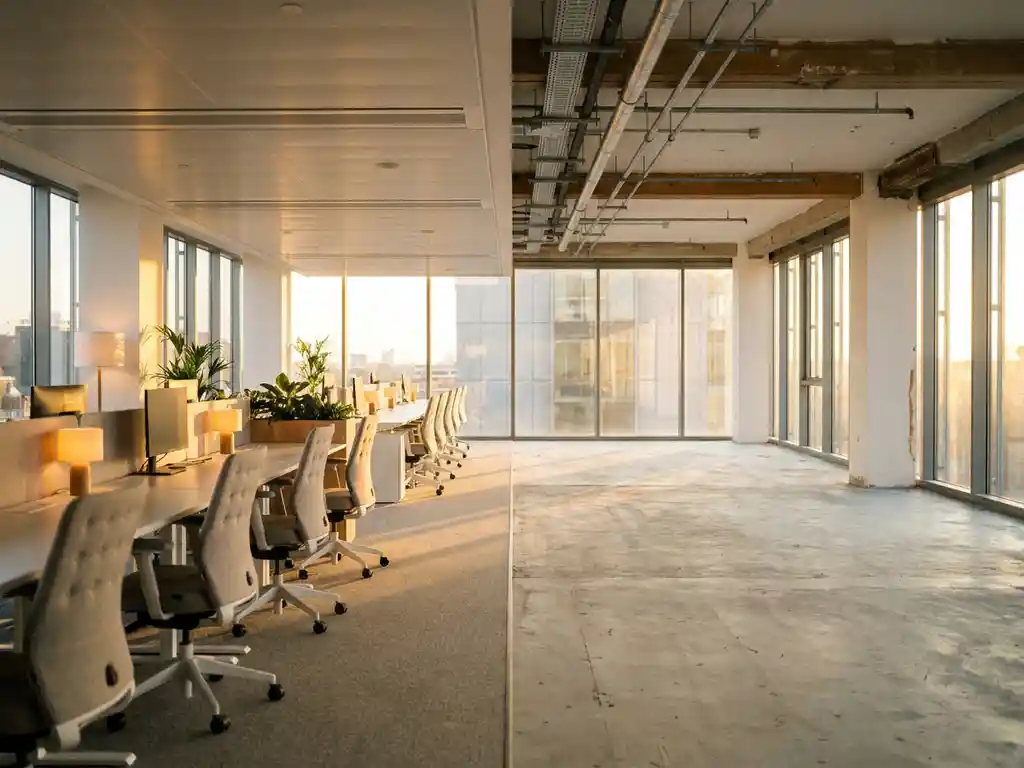 Modern office floor comparison showing furnished serviced workspace with ergonomic chairs on left, empty traditional space with concrete floors on right, bathed in golden hour light through floor-to-ceiling windows.