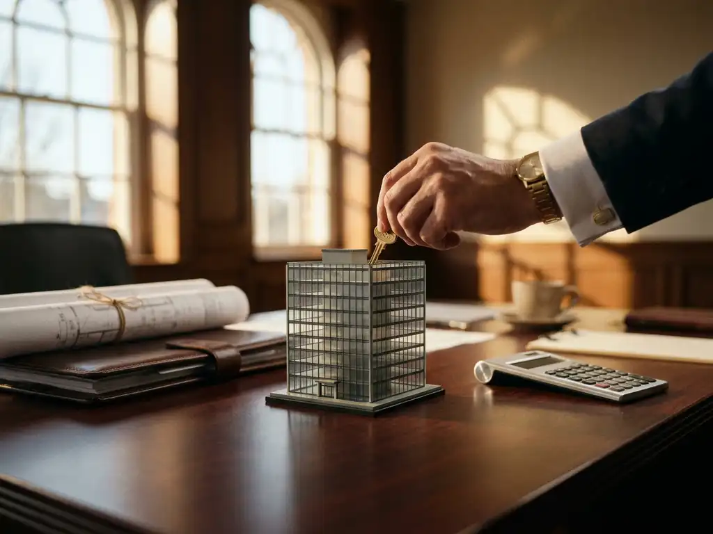 Vastgoedmakelaar plaatst gouden sleutel in miniatuur kantoorgebouw op mahonie bureau met contracten en calculator