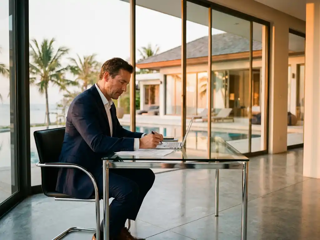 Professionele makelaar in marineblauw pak bekijkt vakantieverhuur documenten aan glazen bureau met luxe strandvilla op achtergrond