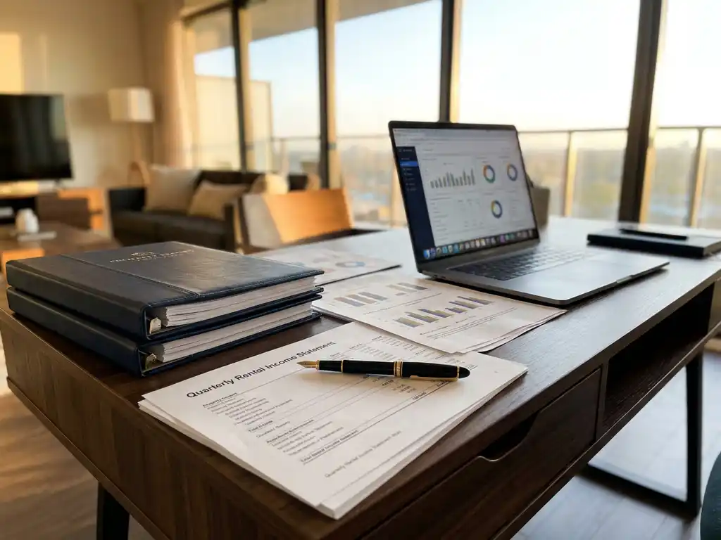 Moderne werkplek met vastgoedrapporten, laptop met grafieken en vulpen op donker houten bureau bij raam