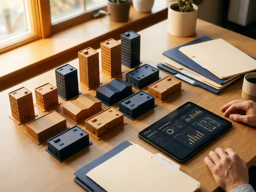 Professionele vastgoedbeheerder bureau van bovenaf met miniatuur gebouwmodellen in rijen, tablet met software en georganiseerde mappen