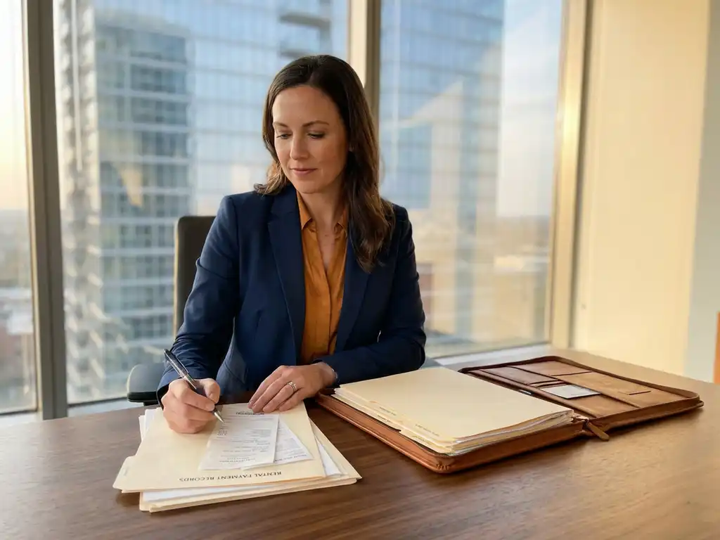 Professionele vastgoedbeheerder bekijkt huurbetalingsdocumenten aan modern bureau met leren portfolio en glazen kantoorgebouw op achtergrond