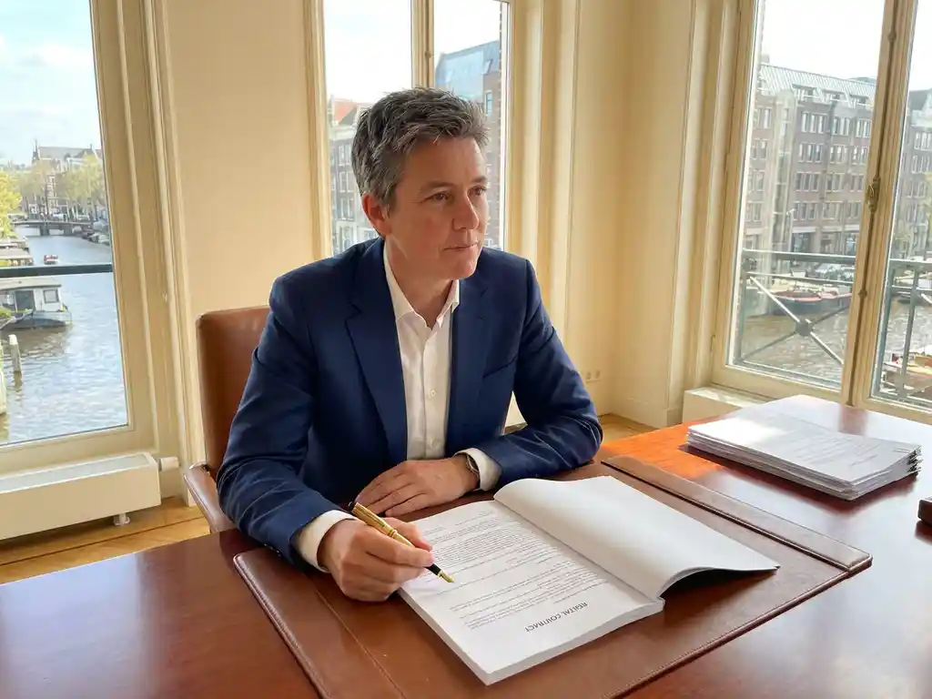 Professionele vastgoedmakelaar in marineblauw pak bestudeert huurcontract aan mahoniehout bureau met gouden vulpen in Amsterdam kantoor
