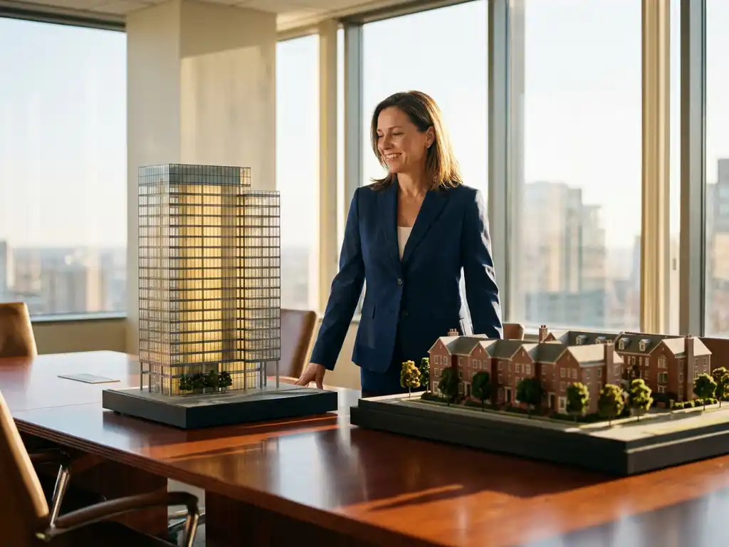 Professionele makelaar in marineblauw pak tussen moderne kantoorgebouw en traditioneel appartementencomplex maquettes op mahonie tafel