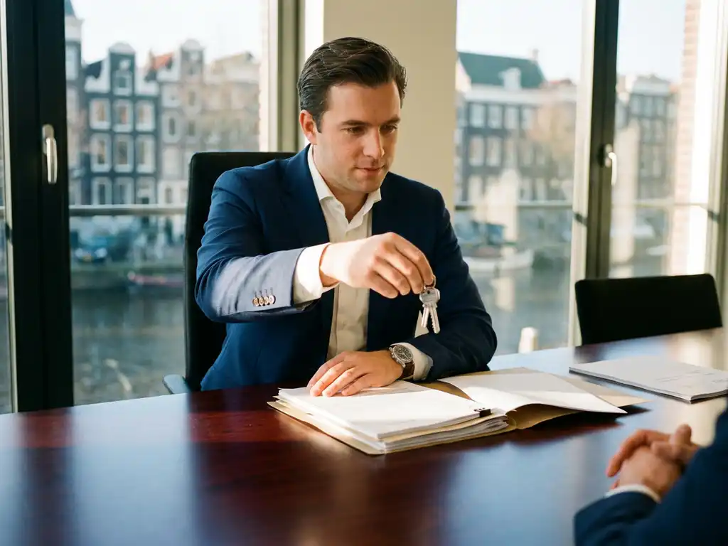 Vastgoedmakelaar in marineblauw pak overhandigt sleutels terwijl hij huurcontracten bestudeert aan mahonie bureau, Amsterdam kantoorgebouw op achtergrond