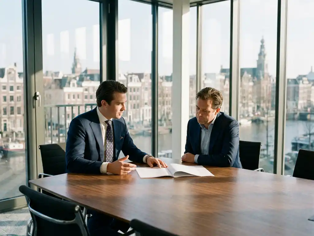 Makelaar en vastgoedeigenaar bespreken documenten aan conferentietafel in modern kantoor met Amsterdam skyline op achtergrond