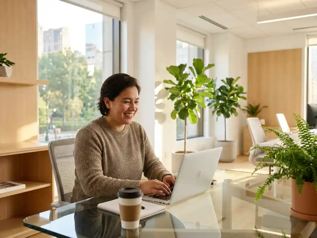 Glimlachende medewerker aan glazen bureau in moderne kantoorruimte met grote ramen, groene planten en warm hout